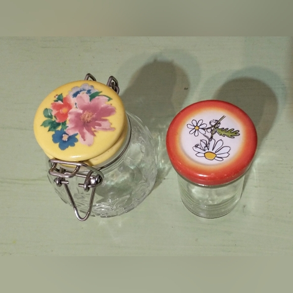 Two Ball Jars - Smooth & Quilted Glass, Metal Floral Lids - Picture 2 of 9